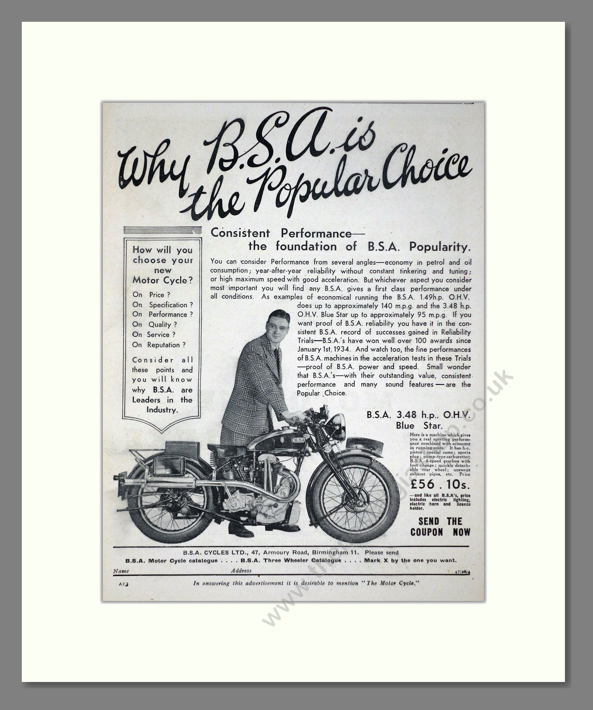 BSA - Blue Star. Vintage Advert 1934 (ref AD67265)