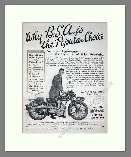 BSA - Blue Star. Vintage Advert 1934 (ref AD67265)