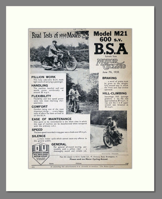 BSA - M21 600. Vintage Advert 1939 (ref AD67275)