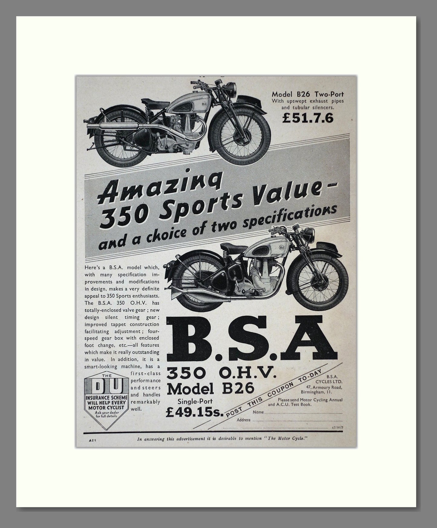 BSA - Sports 350. Vintage Advert 1939 (ref AD67276)