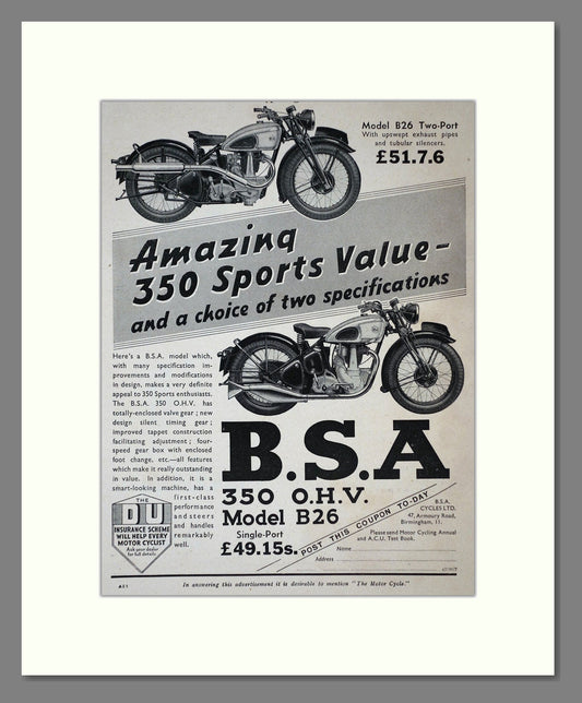 BSA - Sports 350. Vintage Advert 1939 (ref AD67276)