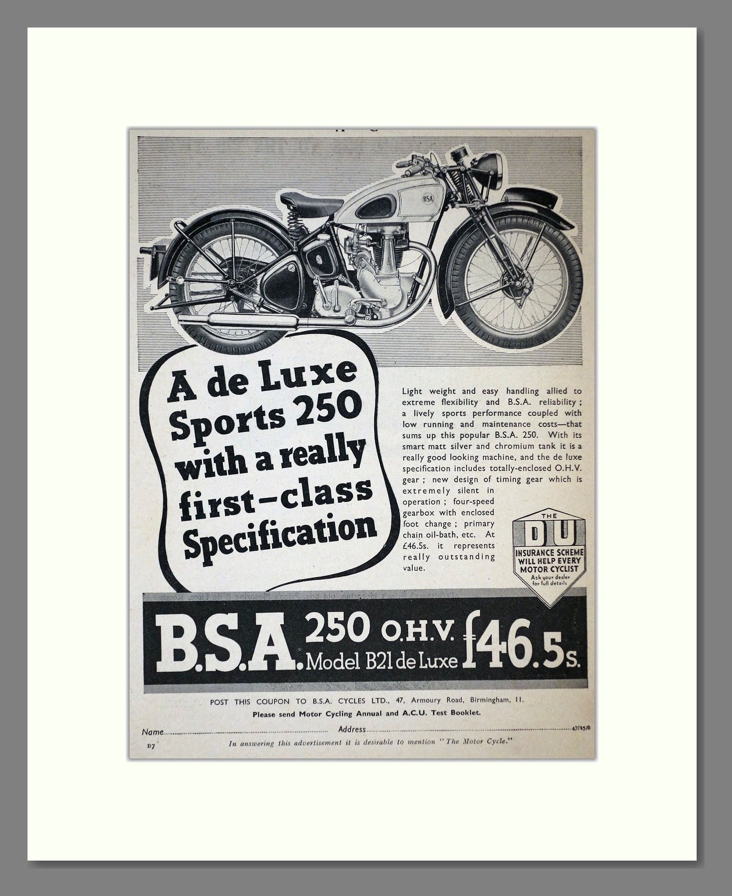 BSA - Sports 250. Vintage Advert 1939 (ref AD67277)