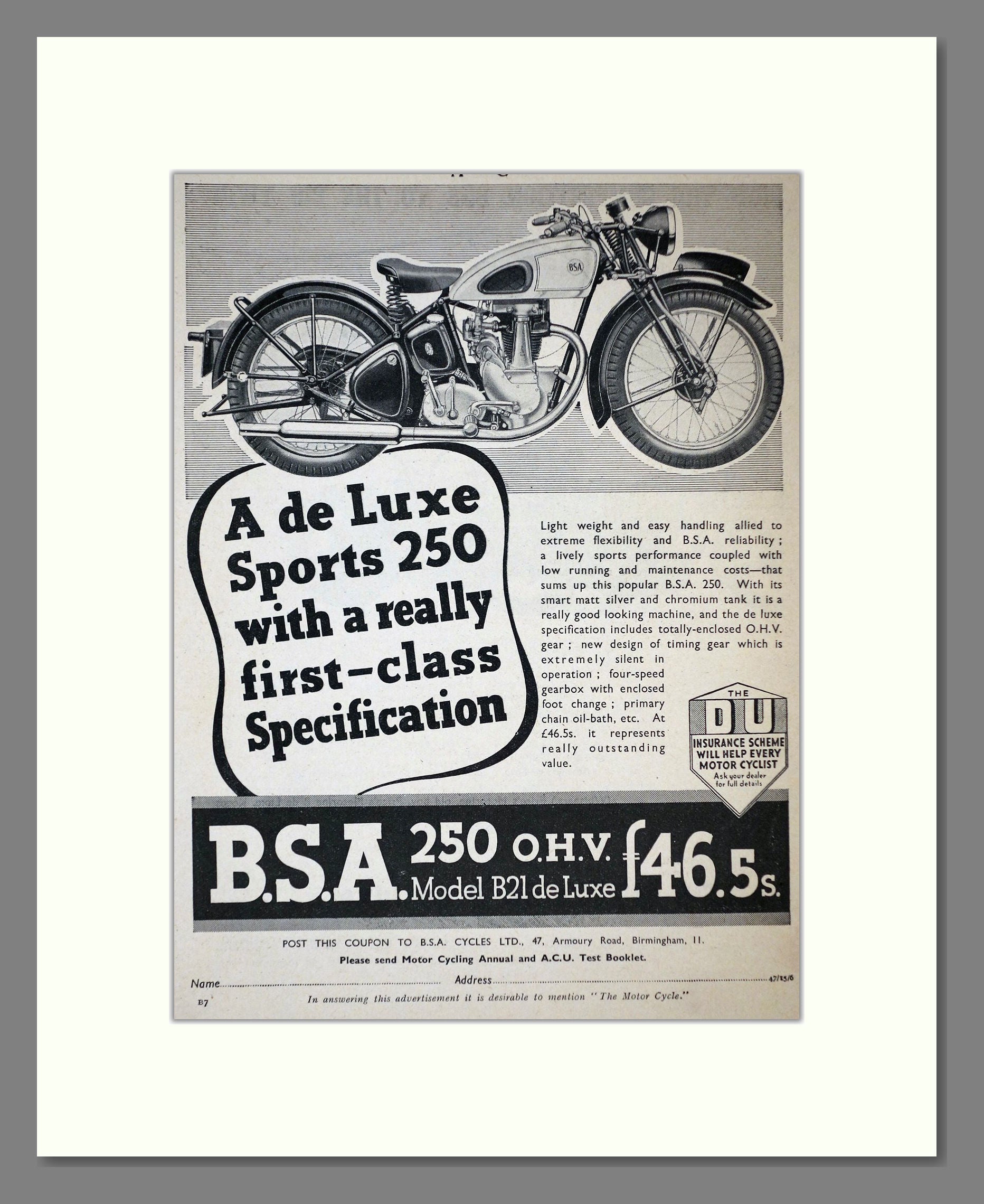 BSA - Sports 250. Vintage Advert 1939 (ref AD67277)
