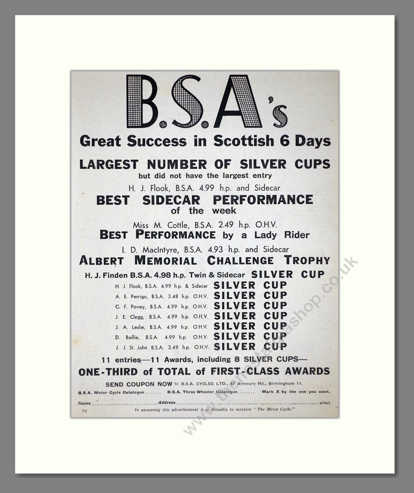 BSA - Scottish Six Days Winners. Vintage Advert 1934 (ref AD67278)