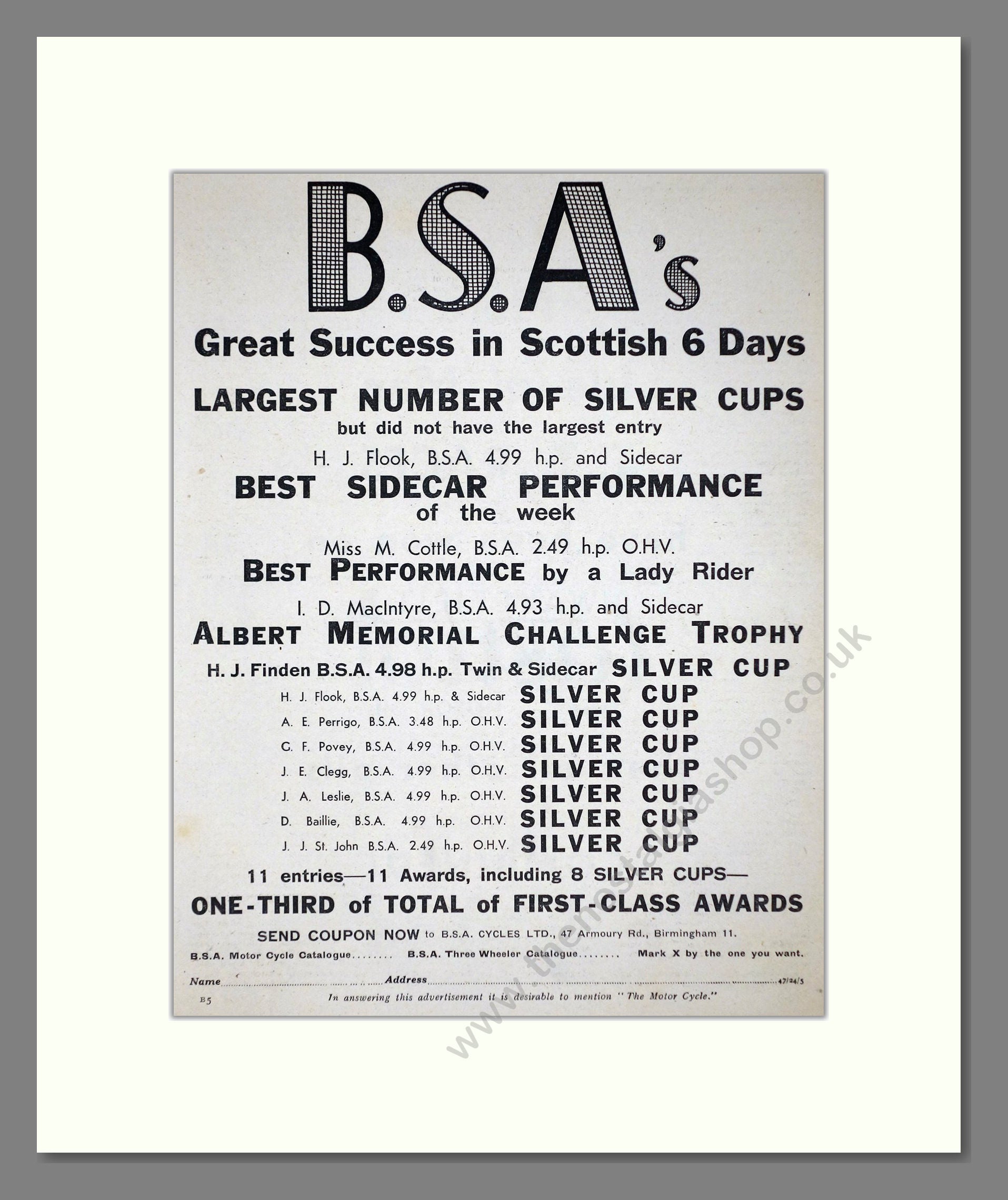 BSA - Scottish Six Days Winners. Vintage Advert 1934 (ref AD67278)