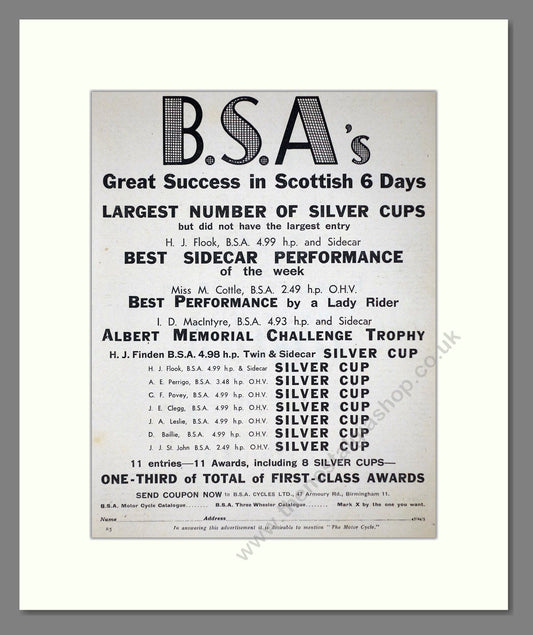 BSA - Scottish Six Days Winners. Vintage Advert 1934 (ref AD67278)