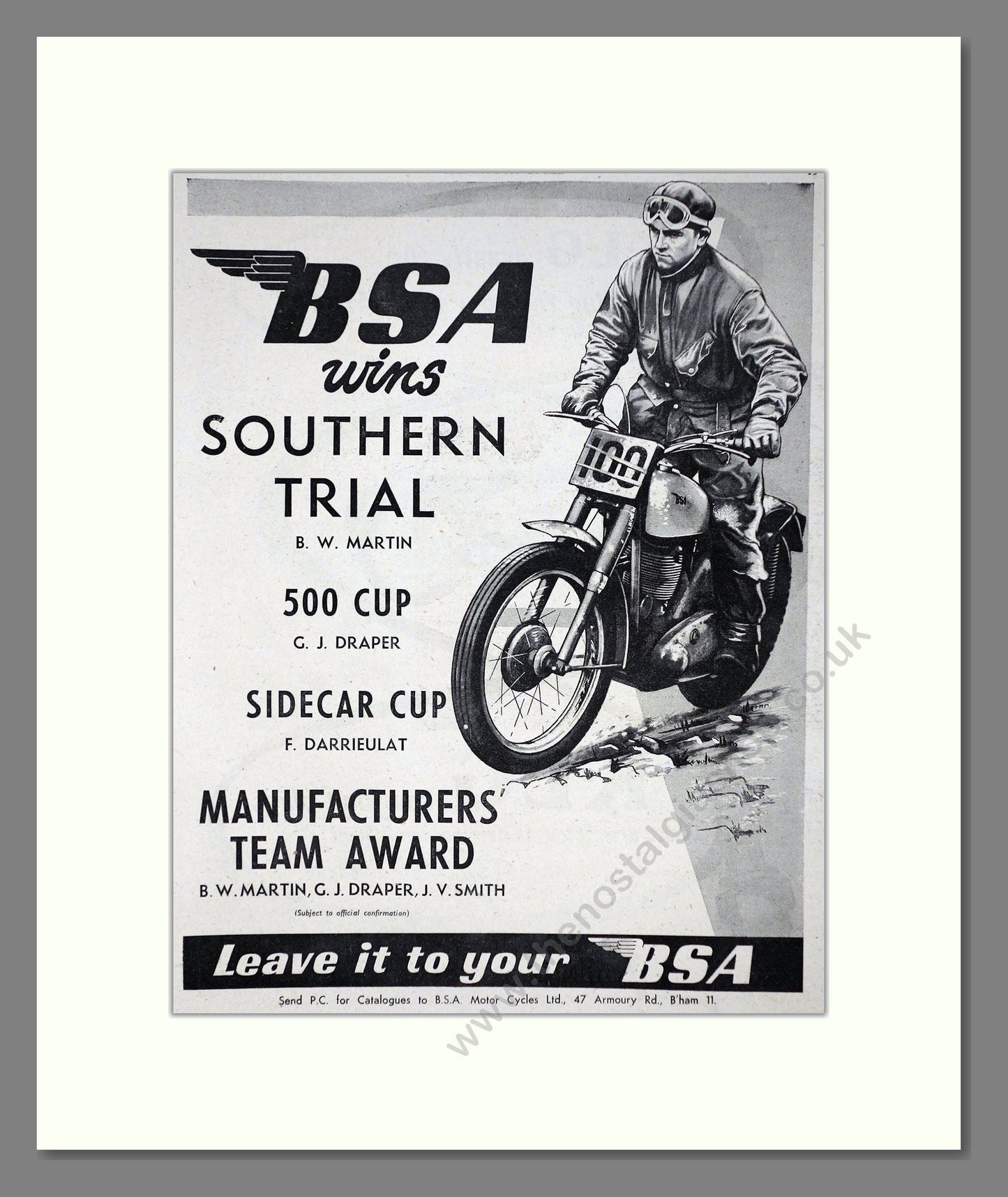 BSA - Southern Trial Winner. Vintage Advert 1956 (ref AD67280)