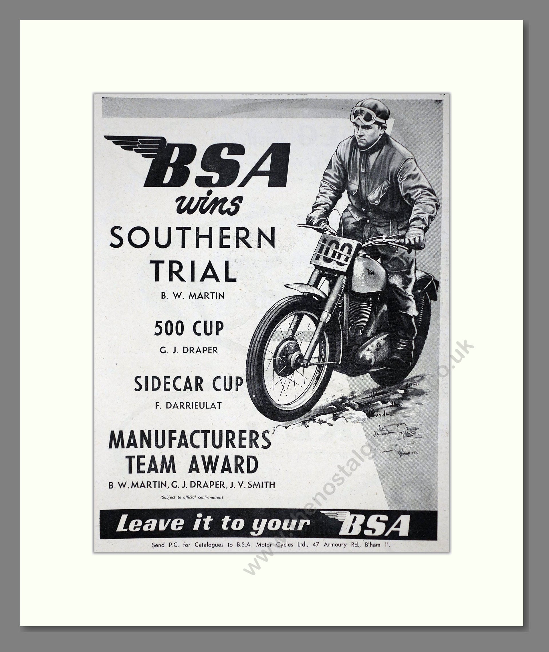 BSA - Southern Trial Winner. Vintage Advert 1956 (ref AD67280)