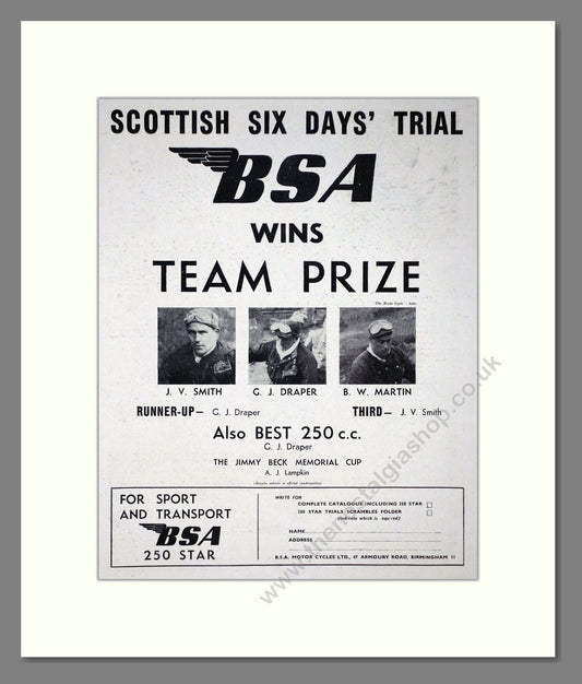 BSA - Scottish Six Days Trial Team Prize. Vintage Advert 1960 (ref AD67283)