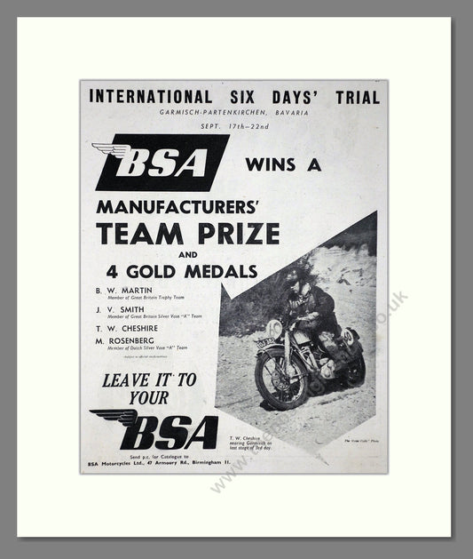 BSA - International Six Days Trial Team Prize. Vintage Advert 1956 (ref AD67284)