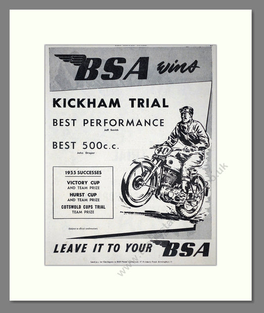BSA - Kickham Trial Best Performance. Vintage Advert 1955 (ref AD67285)