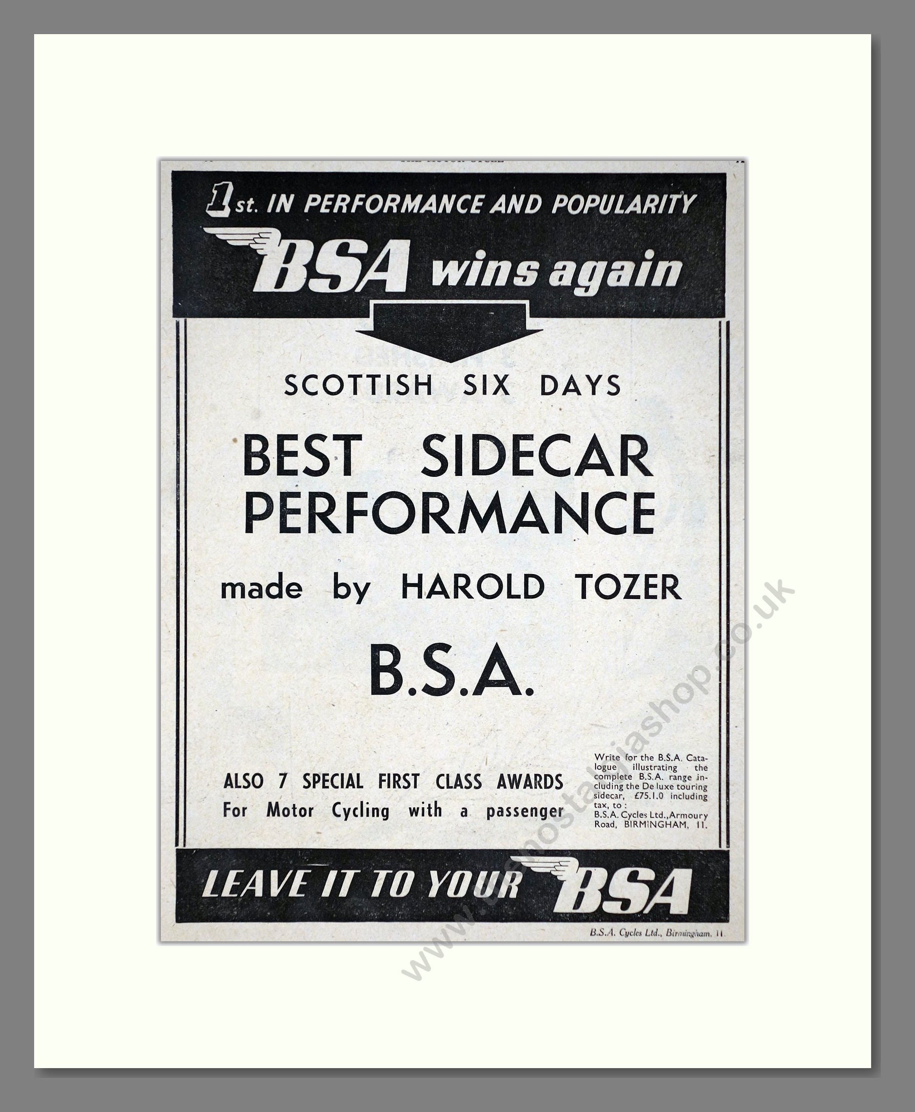 BSA - Scottish Six Days Sidecar Winner. Vintage Advert 1950 (ref AD67286)