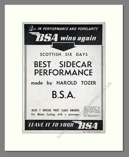 BSA - Scottish Six Days Sidecar Winner. Vintage Advert 1950 (ref AD67286)