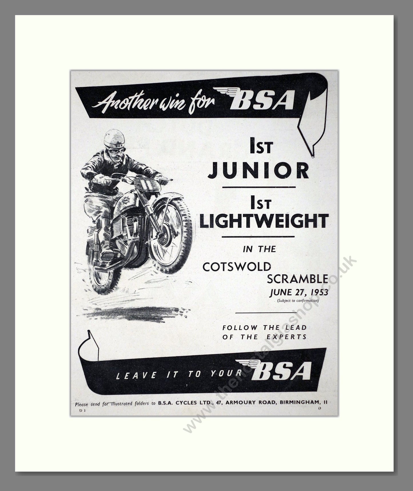 BSA - Cotswold Scramble Winner. Vintage Advert 1953 (ref AD67289)