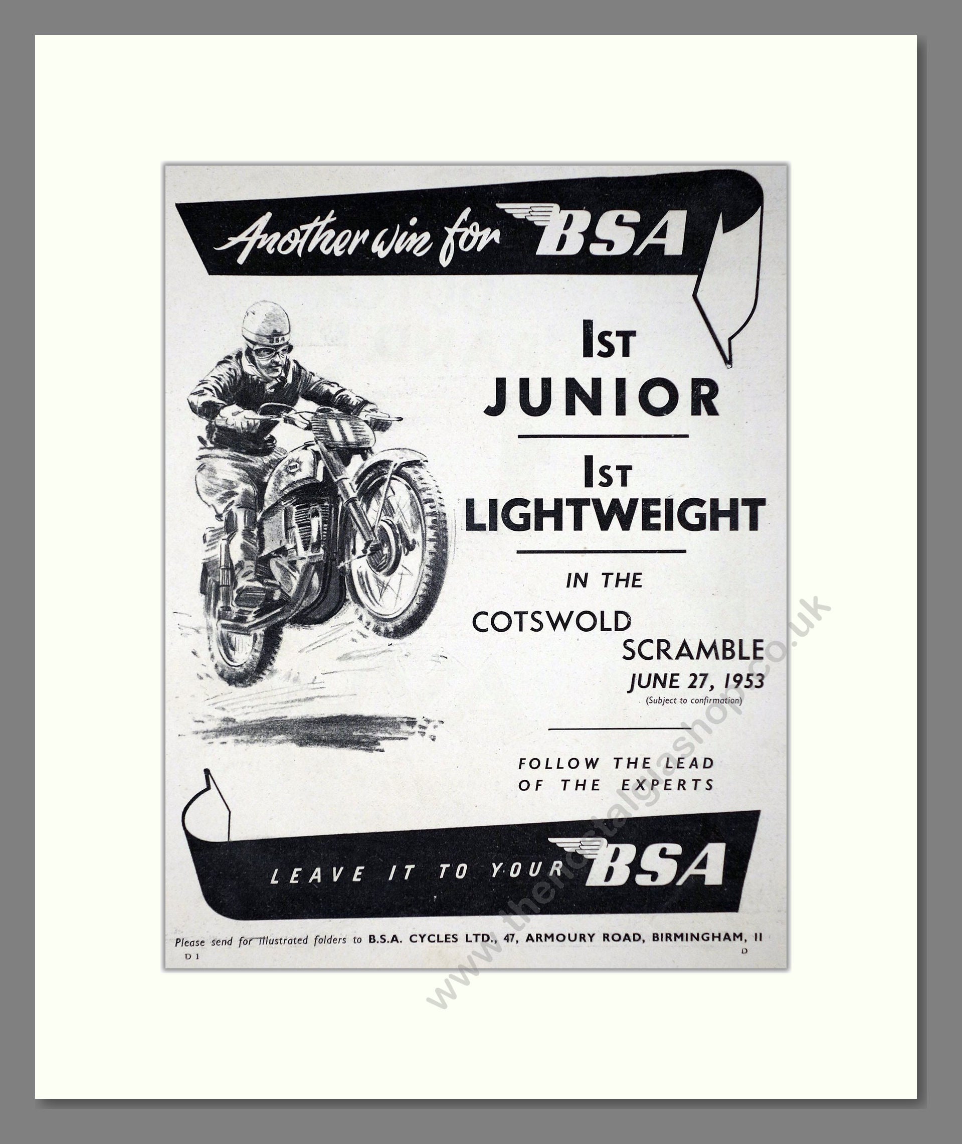 BSA - Cotswold Scramble Winner. Vintage Advert 1953 (ref AD67289)