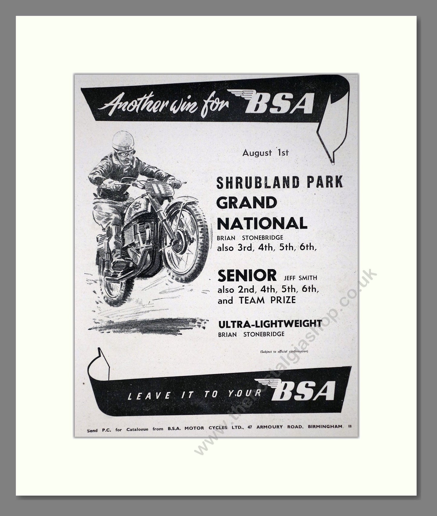 BSA - Shrubland Park Winner. Vintage Advert 1955 (ref AD67290)