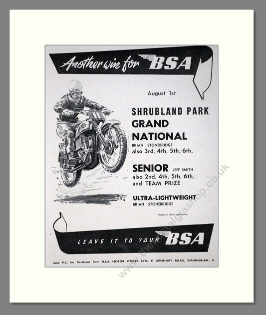 BSA - Shrubland Park Winner. Vintage Advert 1955 (ref AD67290)