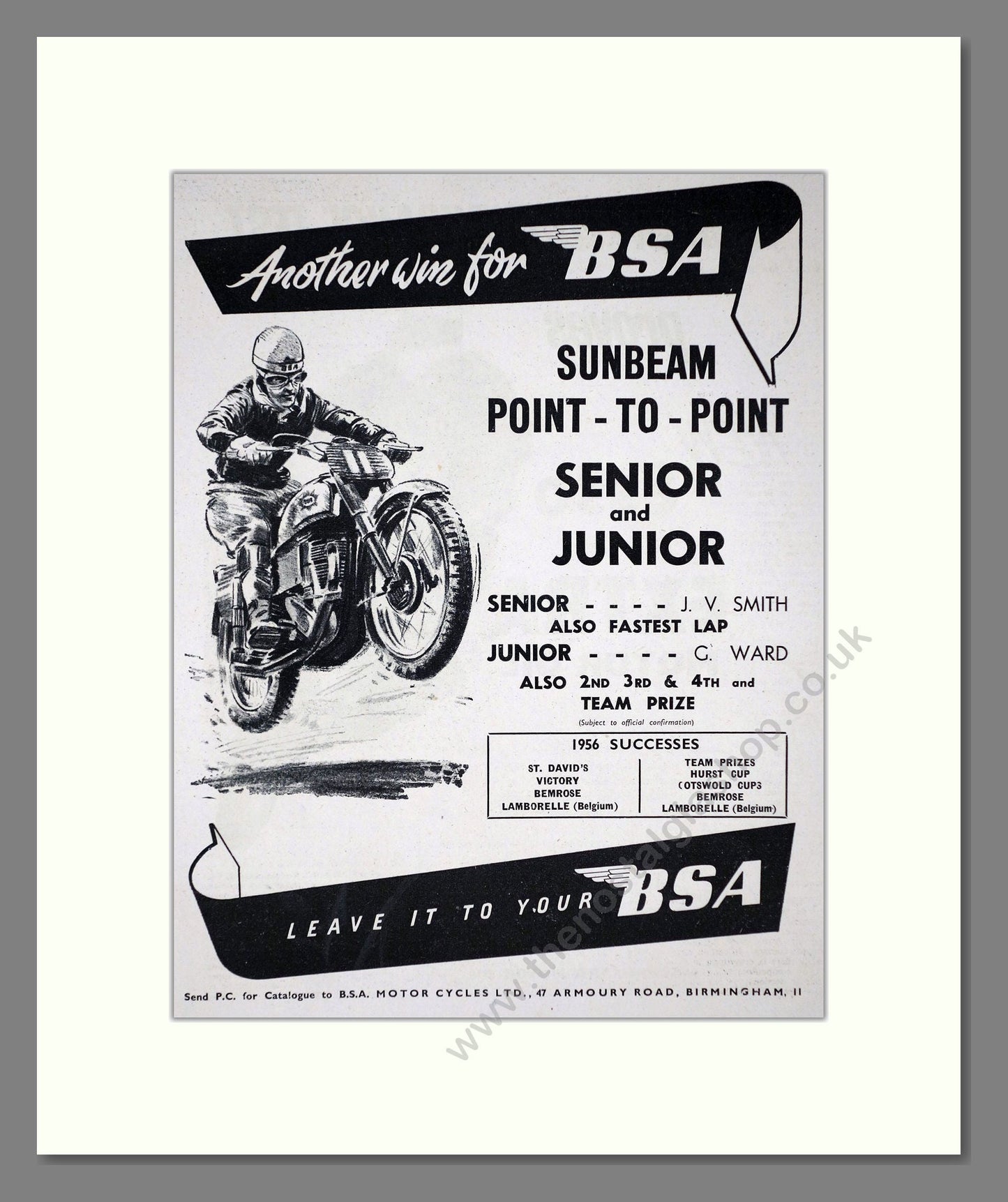 BSA - Sunbeam Point To Point Winner. Vintage Advert 1956 (ref AD67291)