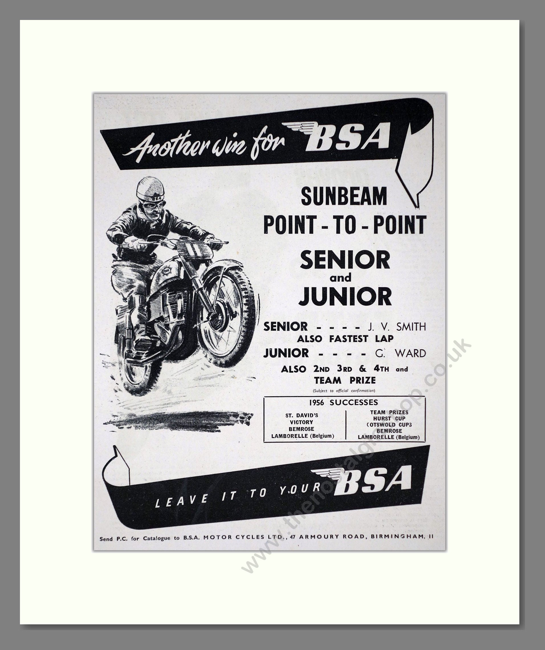 BSA - Sunbeam Point To Point Winner. Vintage Advert 1956 (ref AD67291)