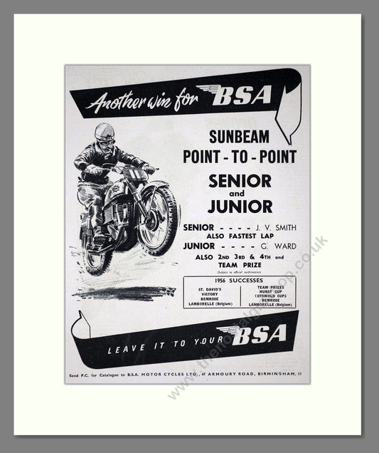 BSA - Sunbeam Point To Point Winner. Vintage Advert 1956 (ref AD67291)