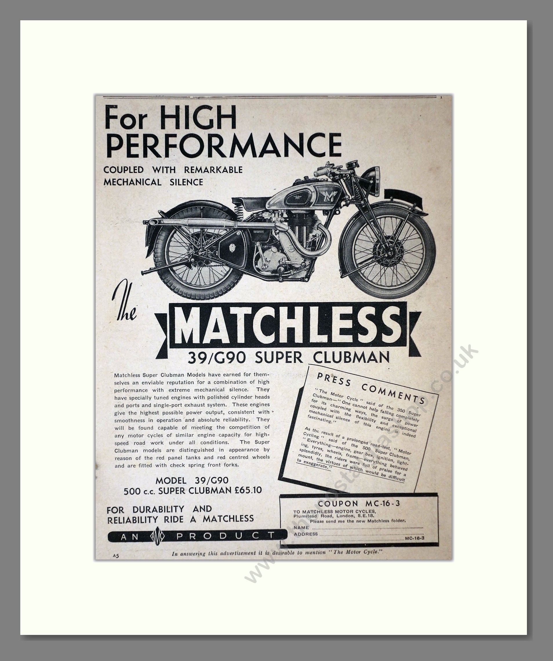Matchless - 39/G90 Super Clubman. Vintage Advert 1939 (ref AD67292)