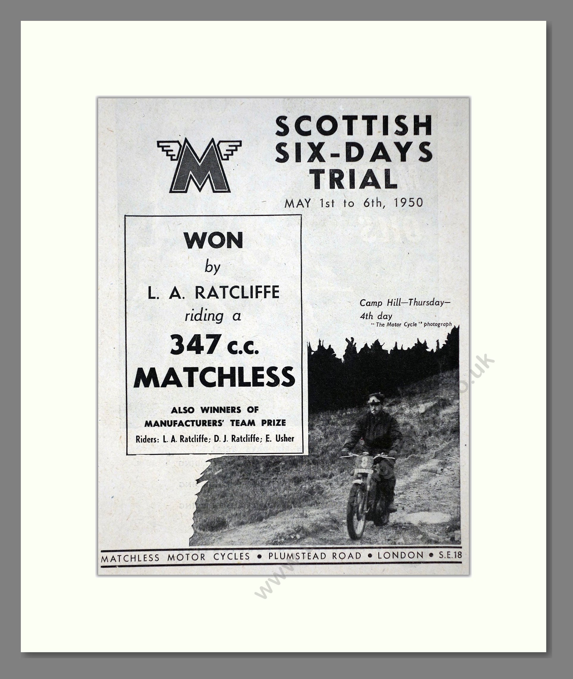 Matchless - 347 cc Scottish Trials. Vintage Advert 1950 (ref AD67303)