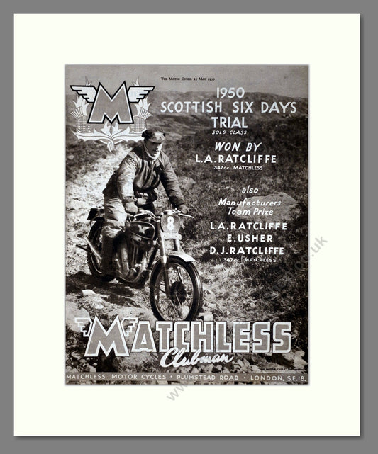 Matchless - Clubman Scottish Trials. Vintage Advert 1950 (ref AD67304)