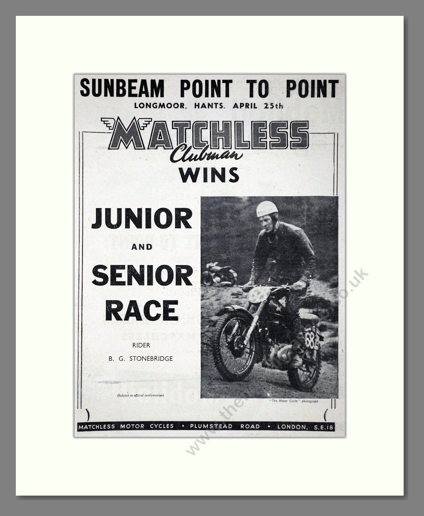 Matchless - Clubman Sunbeam Point To Point. Vintage Advert 1953 (ref AD67307)