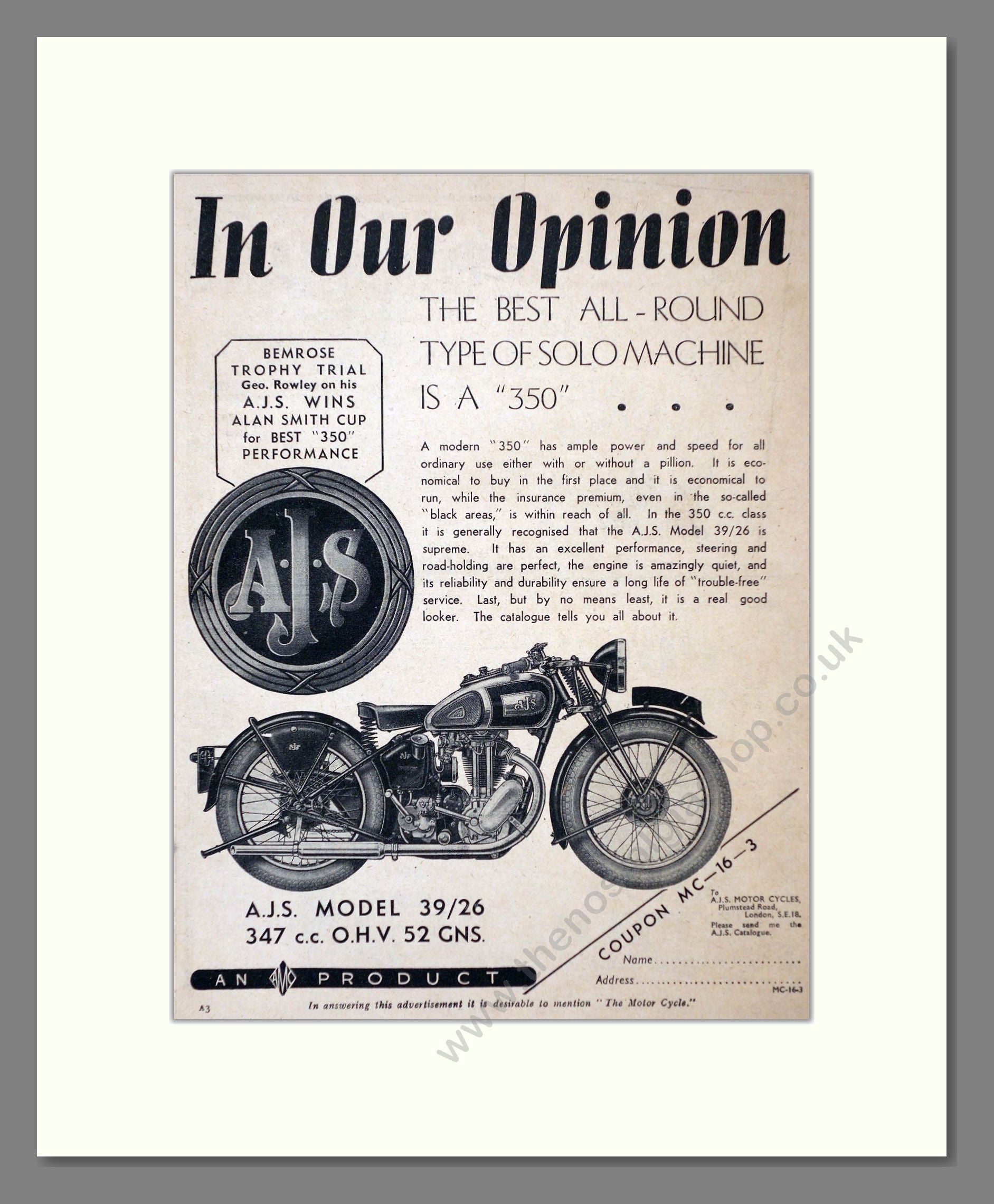 AJS - Model 39/26. Vintage Advert 1939 (ref AD67314)