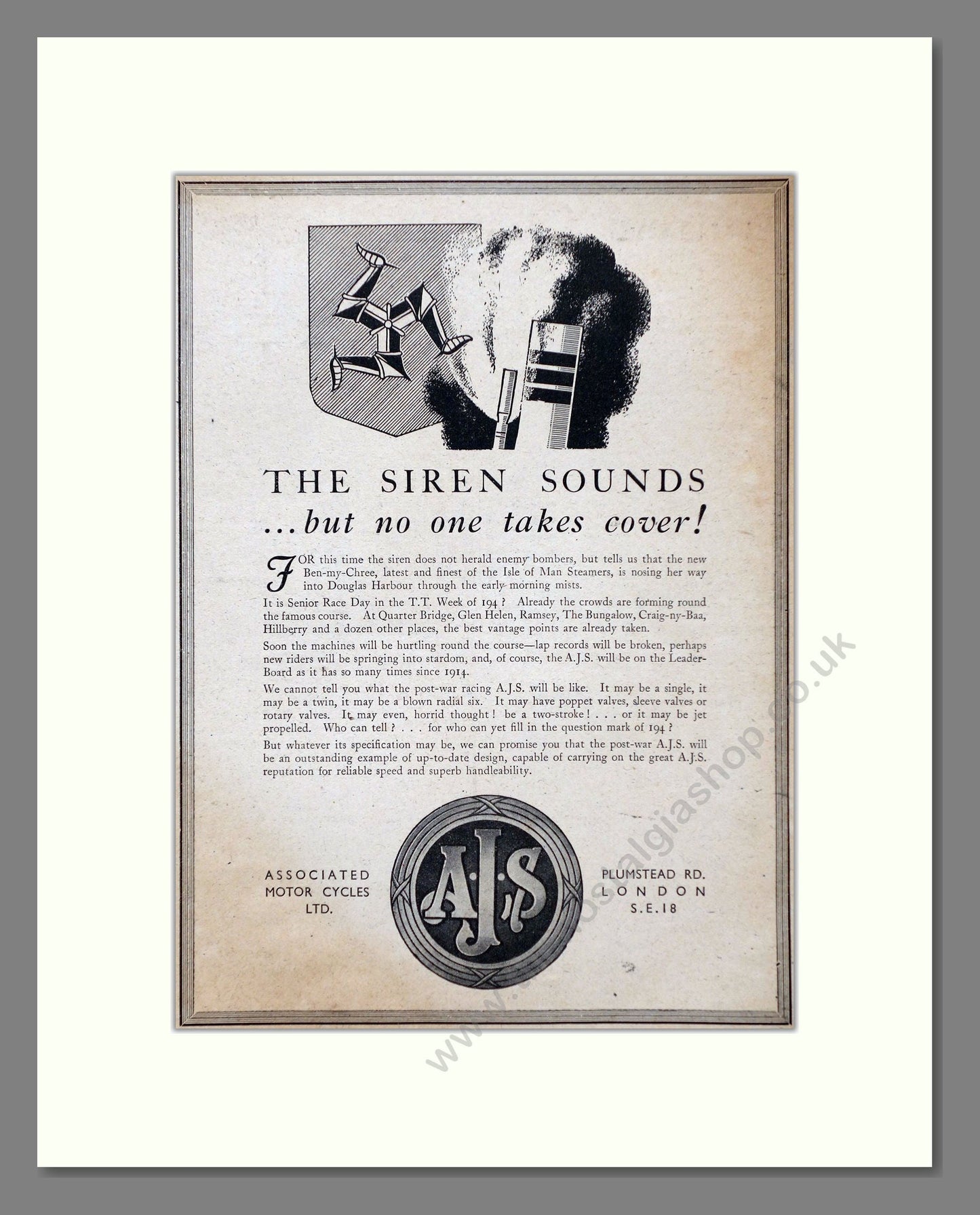 AJS - The Siren Sounds / IoM TT. Vintage Advert 1944 (ref AD67319)