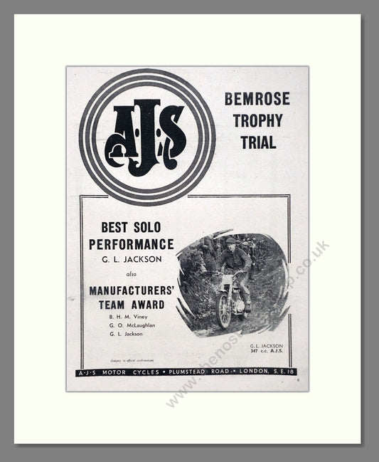AJS - Bemrose Trophy Trial Winner. Vintage Advert 1955 (ref AD67325)