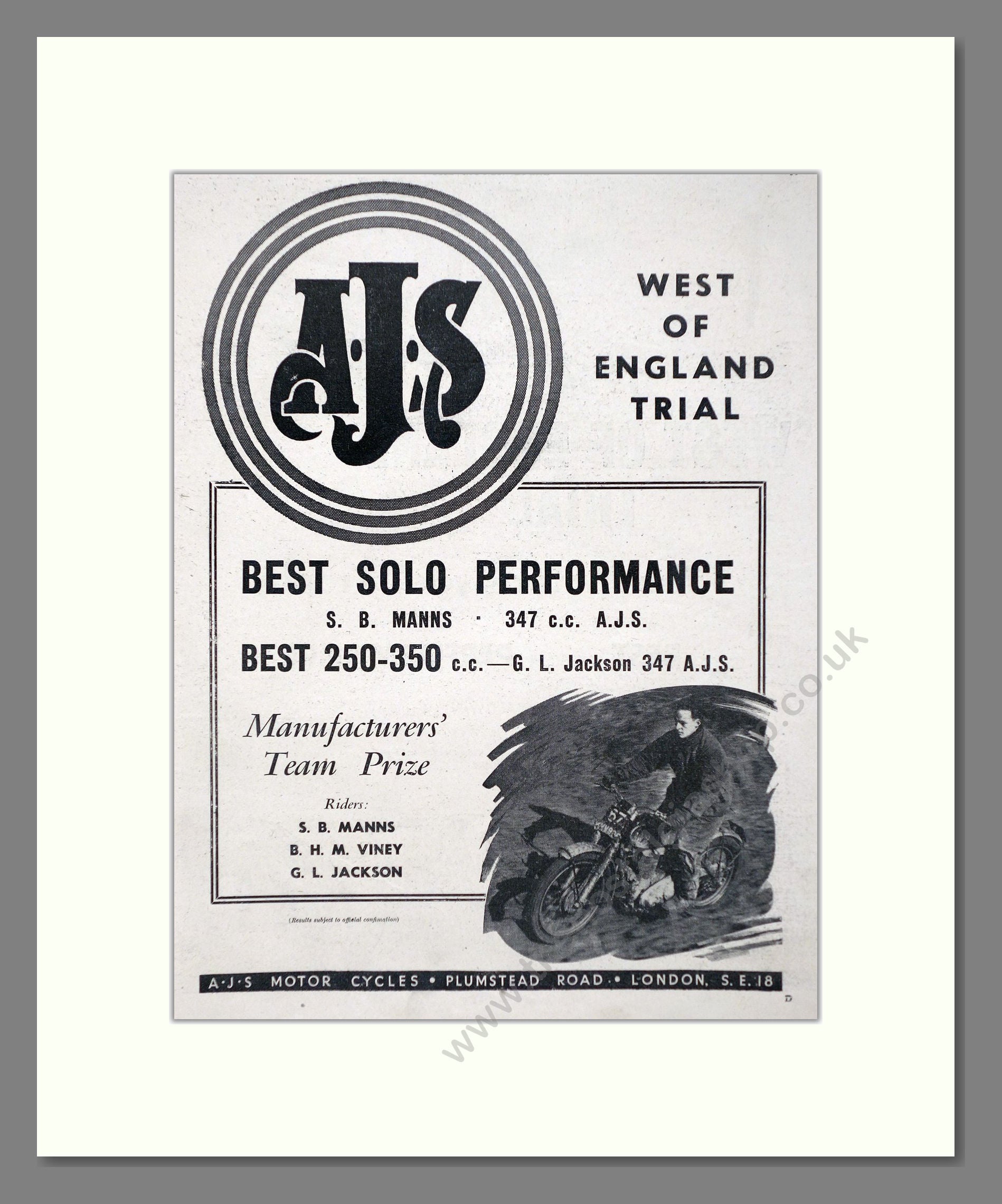 AJS - West Of England Trial Winner. Vintage Advert 1954 (ref AD67327)
