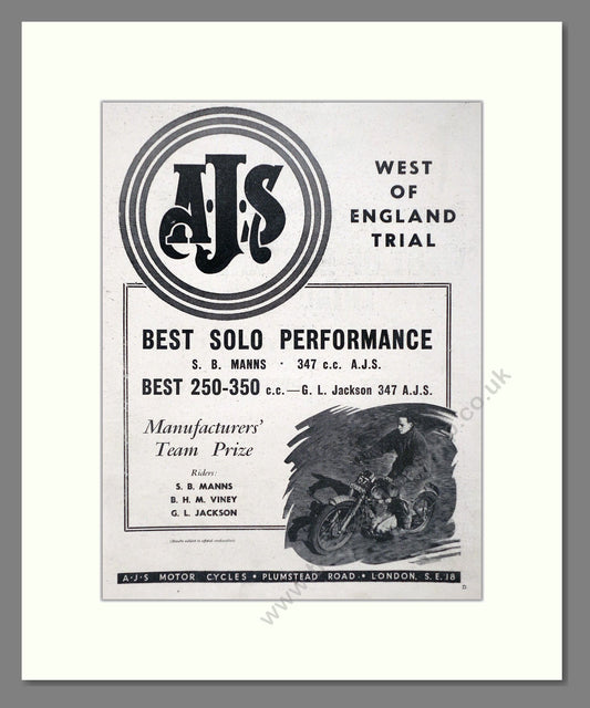 AJS - West Of England Trial Winner. Vintage Advert 1954 (ref AD67327)