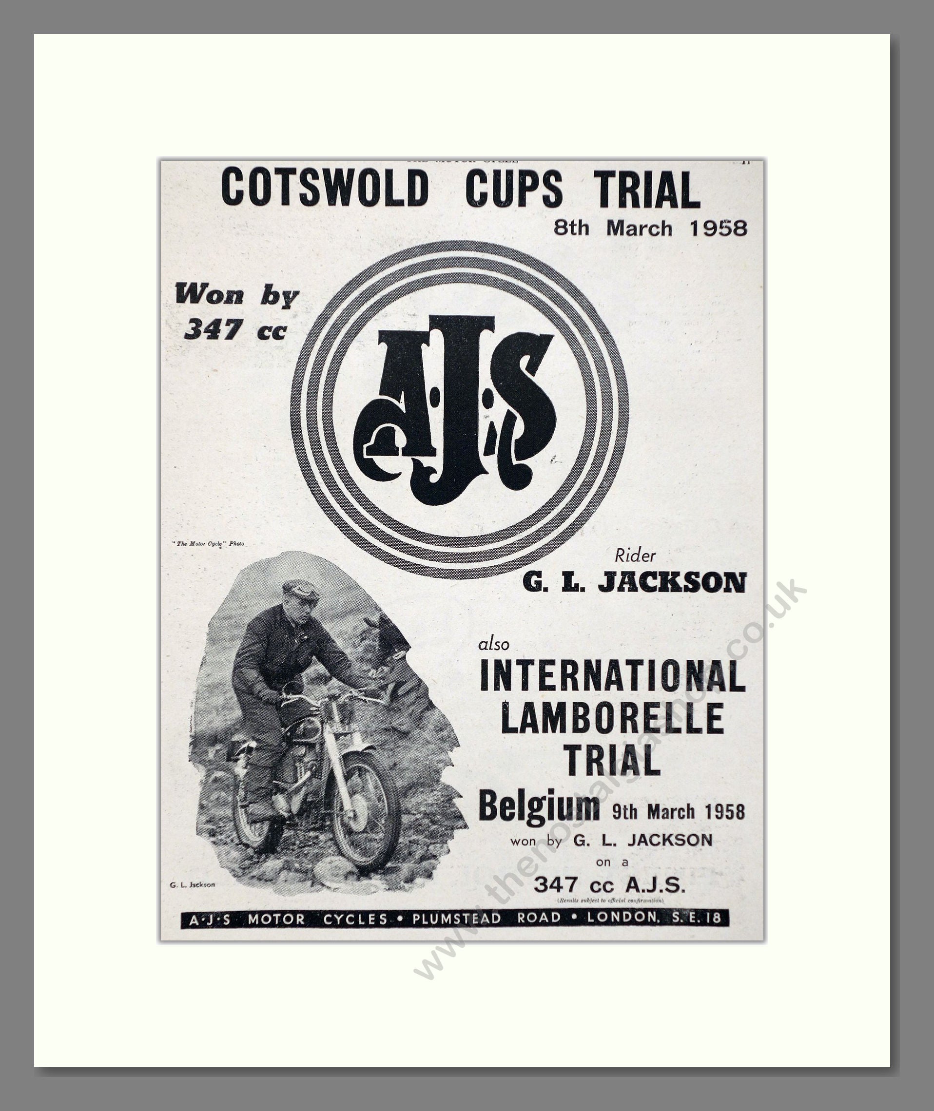 AJS - Laborelle Trial Winner / Cotswold Cup Winner. Vintage Advert 1958 (ref AD67330)