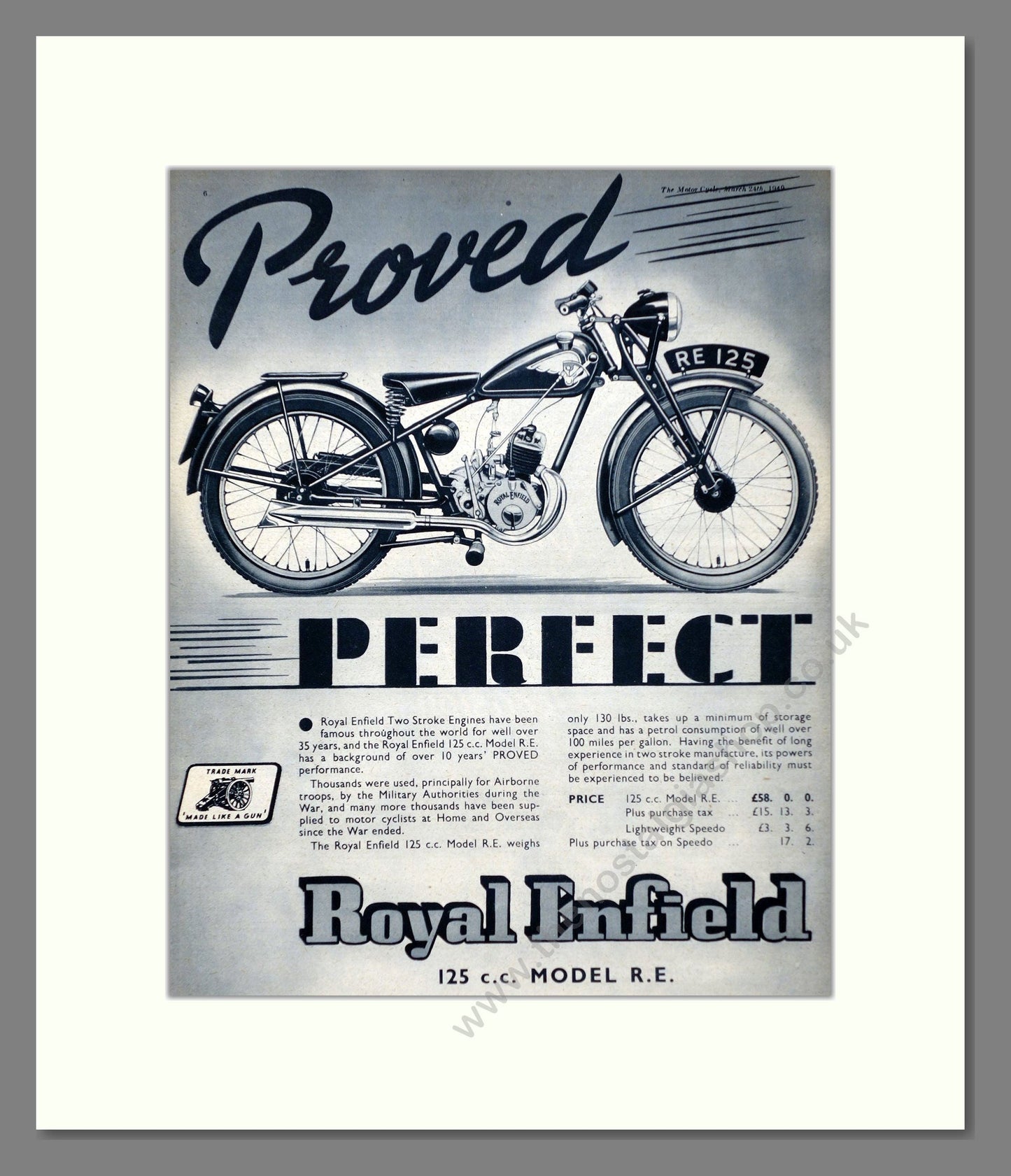 Royal Enfield - RE 125cc. Vintage Advert 1949 (ref AD67335)