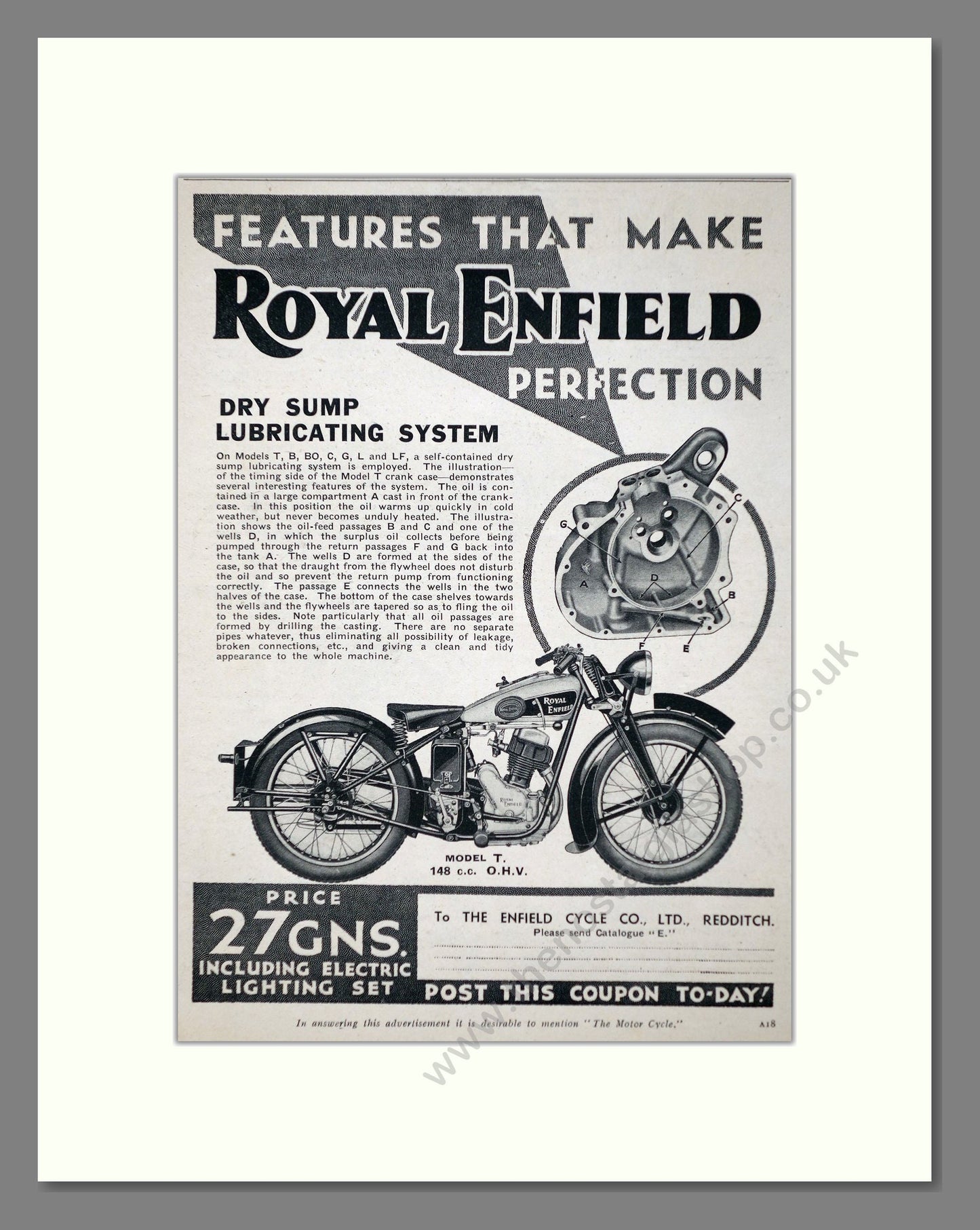 Royal Enfield - Dry Sump Lubricating System. Vintage Advert 1934 (ref AD67344)