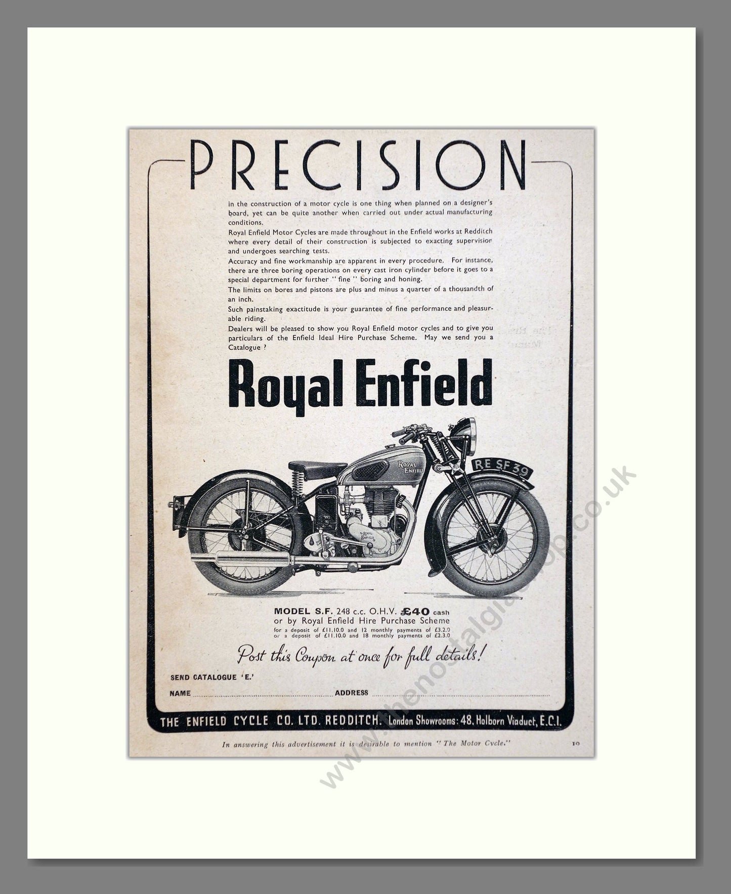 Royal Enfield - Model SF. Vintage Advert 1939 (ref AD67346)