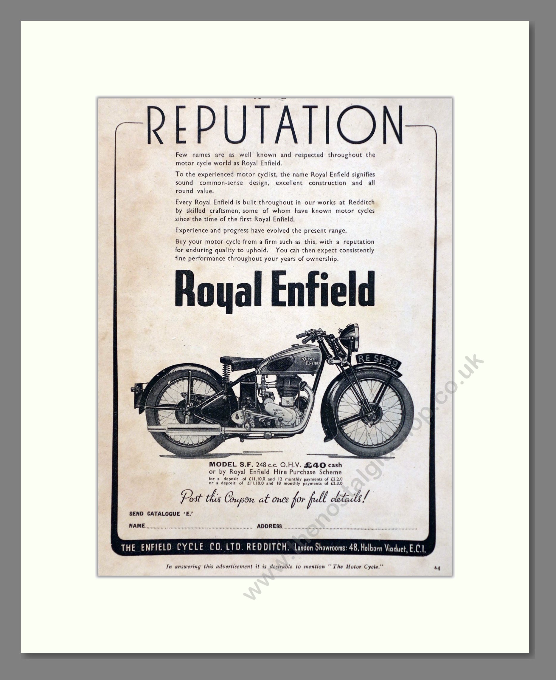 Royal Enfield - Model SF. Vintage Advert 1939 (ref AD67348)