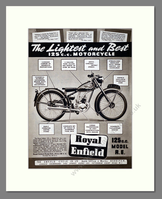 Royal Enfield - Model RE 125cc. Vintage Advert 1950 (ref AD67354)