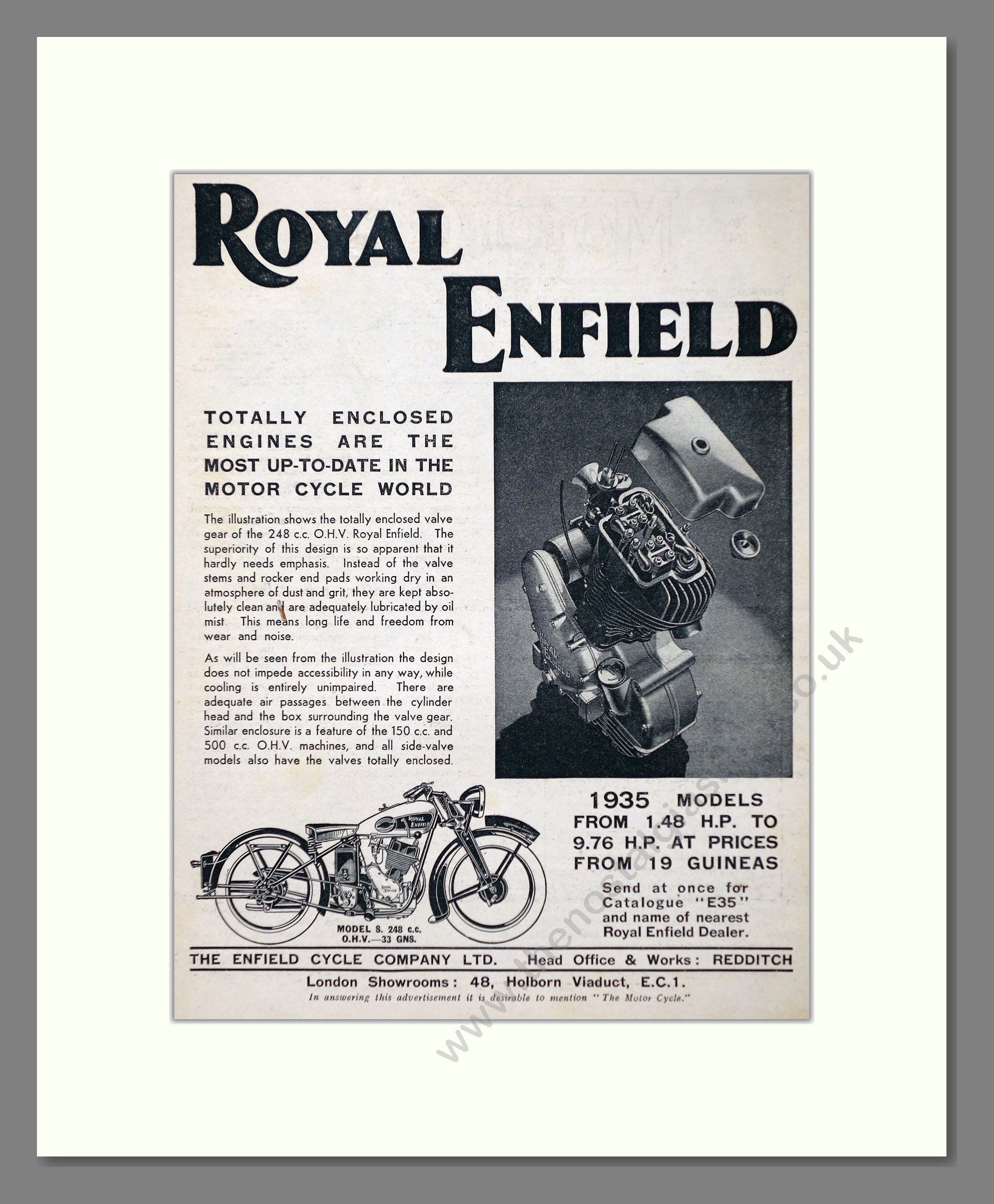 Royal Enfield - Model S Enclosed Engine. Vintage Advert 1934 (ref AD67359)
