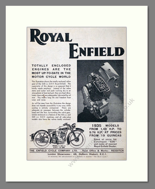 Royal Enfield - Model S Enclosed Engine. Vintage Advert 1934 (ref AD67359)