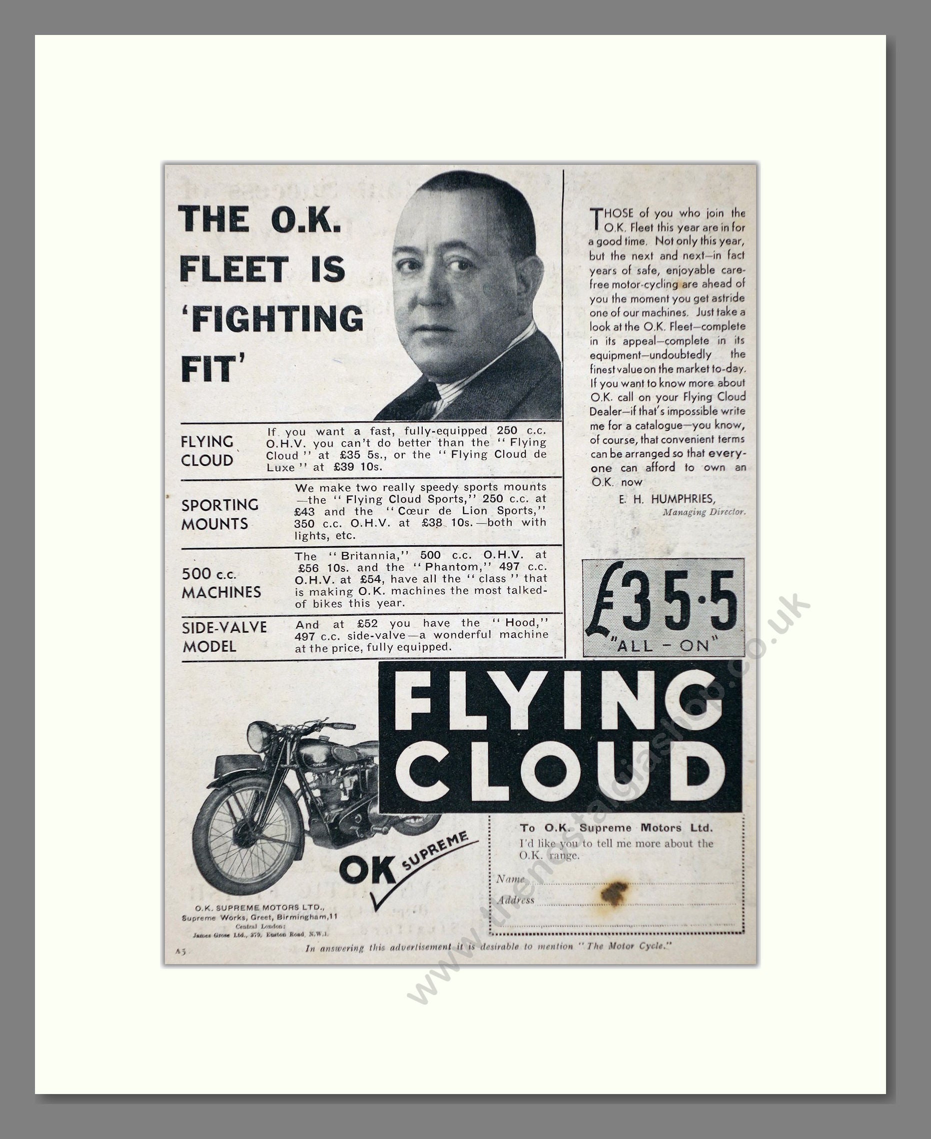 OK Supreme - Flying Cloud. Vintage Advert 1934 (ref AD67374)