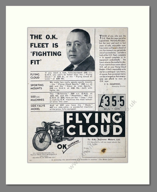 OK Supreme - Flying Cloud. Vintage Advert 1934 (ref AD67374)