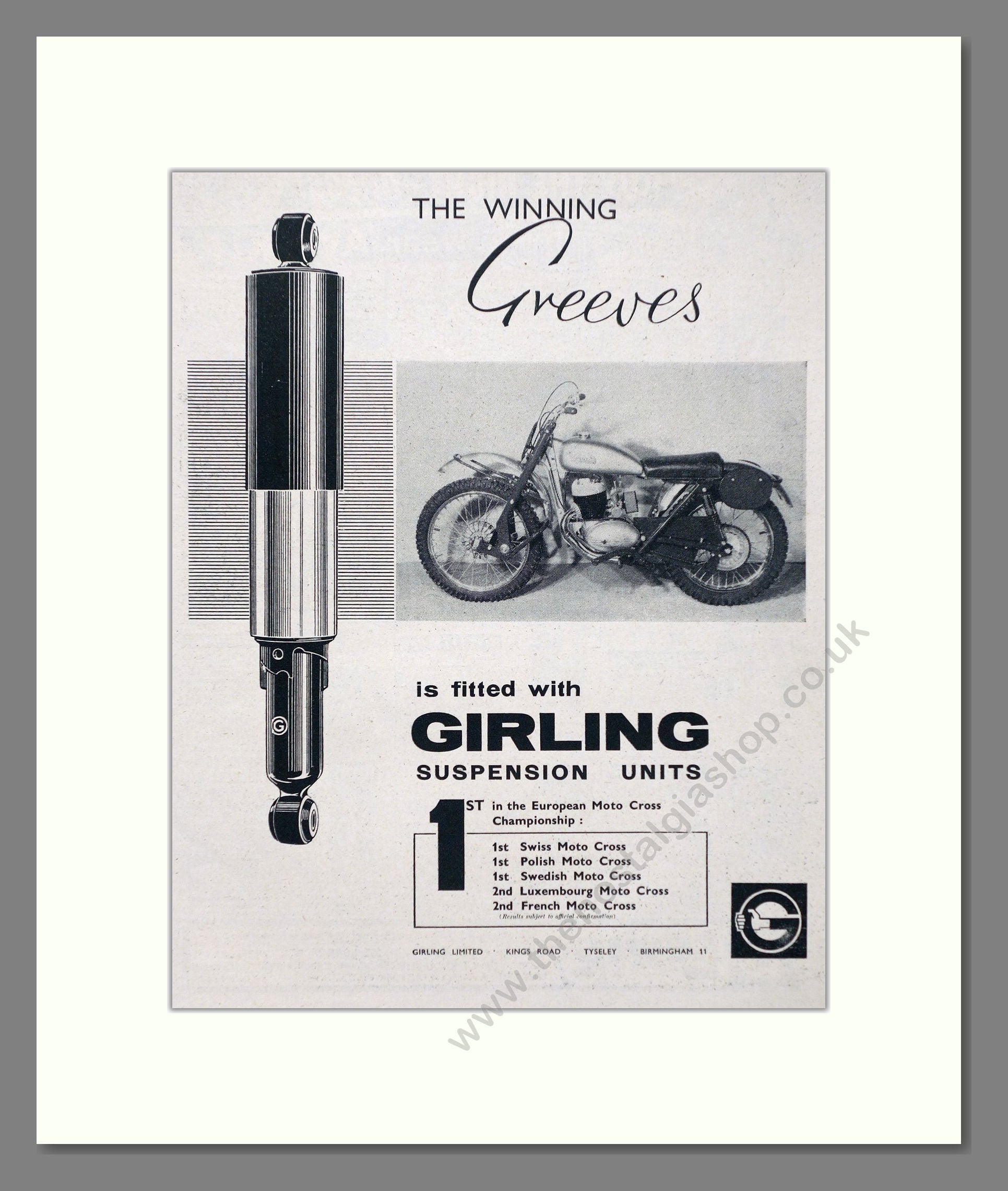 Greeves - Girling Suspension Units. Vintage Advert 1960 (ref AD67378)