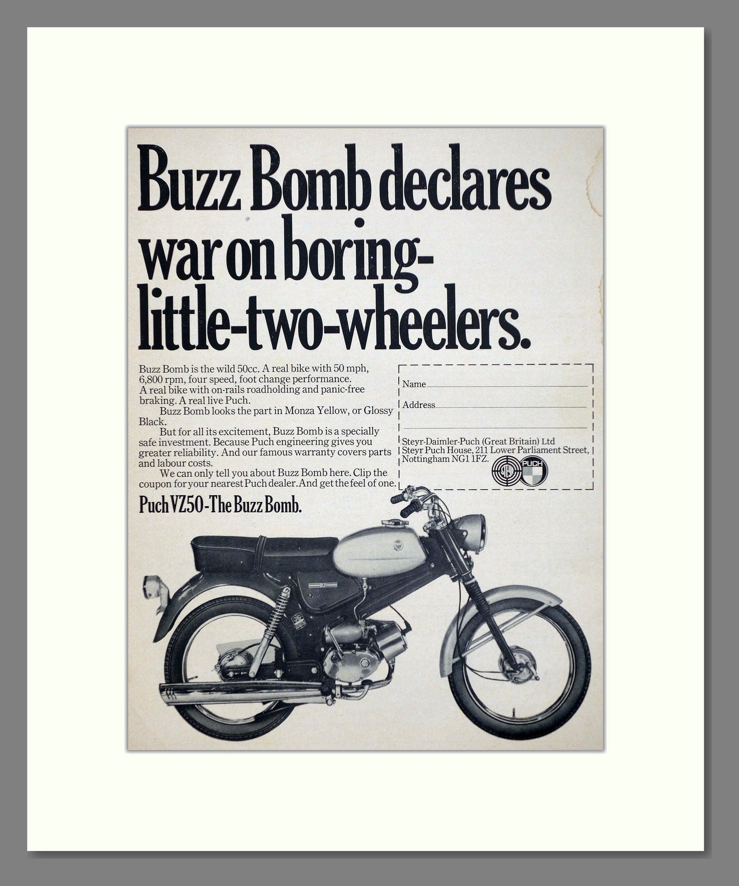 Puch - VZ50 Buzz Bomb. Vintage Advert 1970 (ref AD67380)