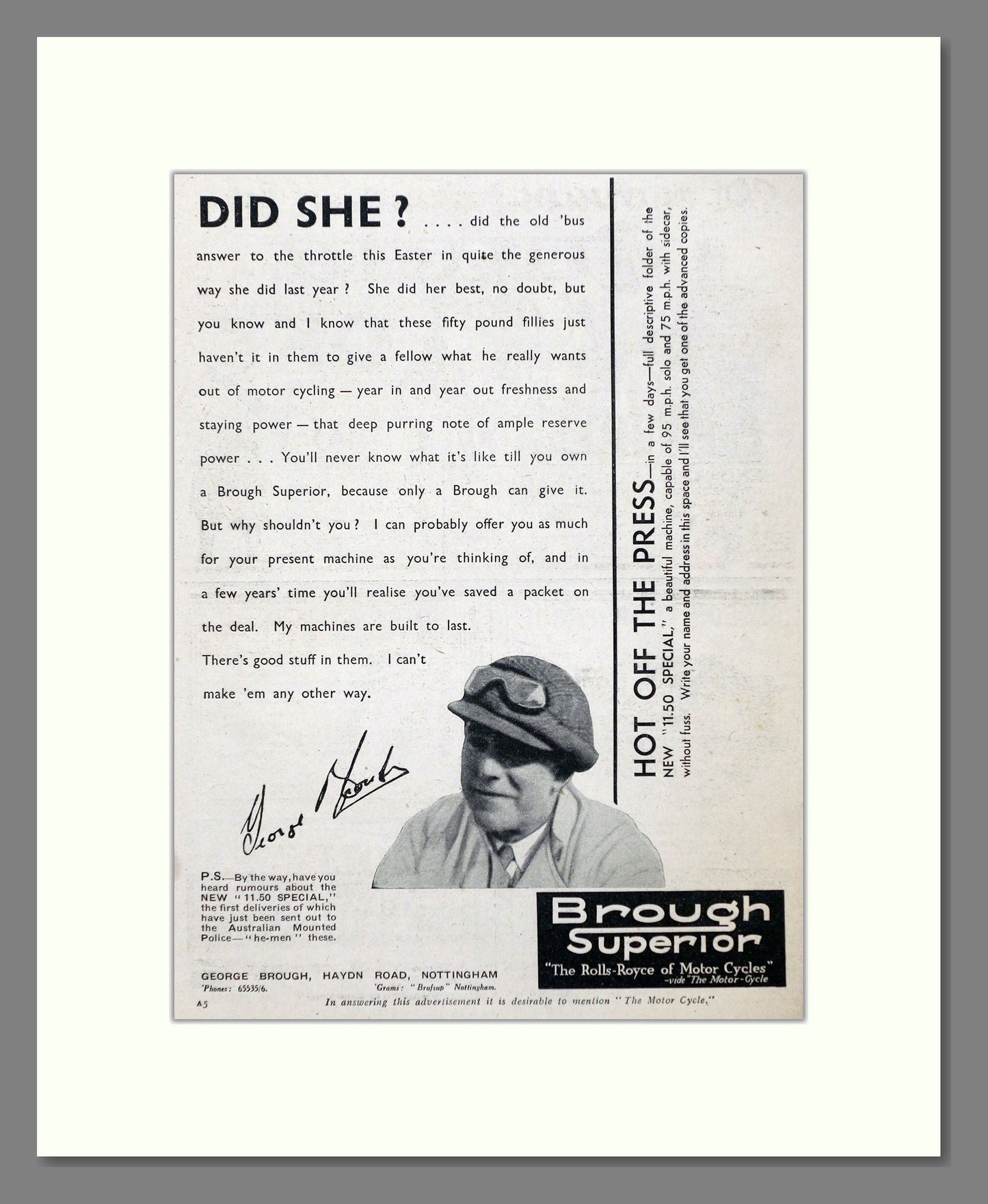 Brough - Superior. Vintage Advert 1934 (ref AD67383)