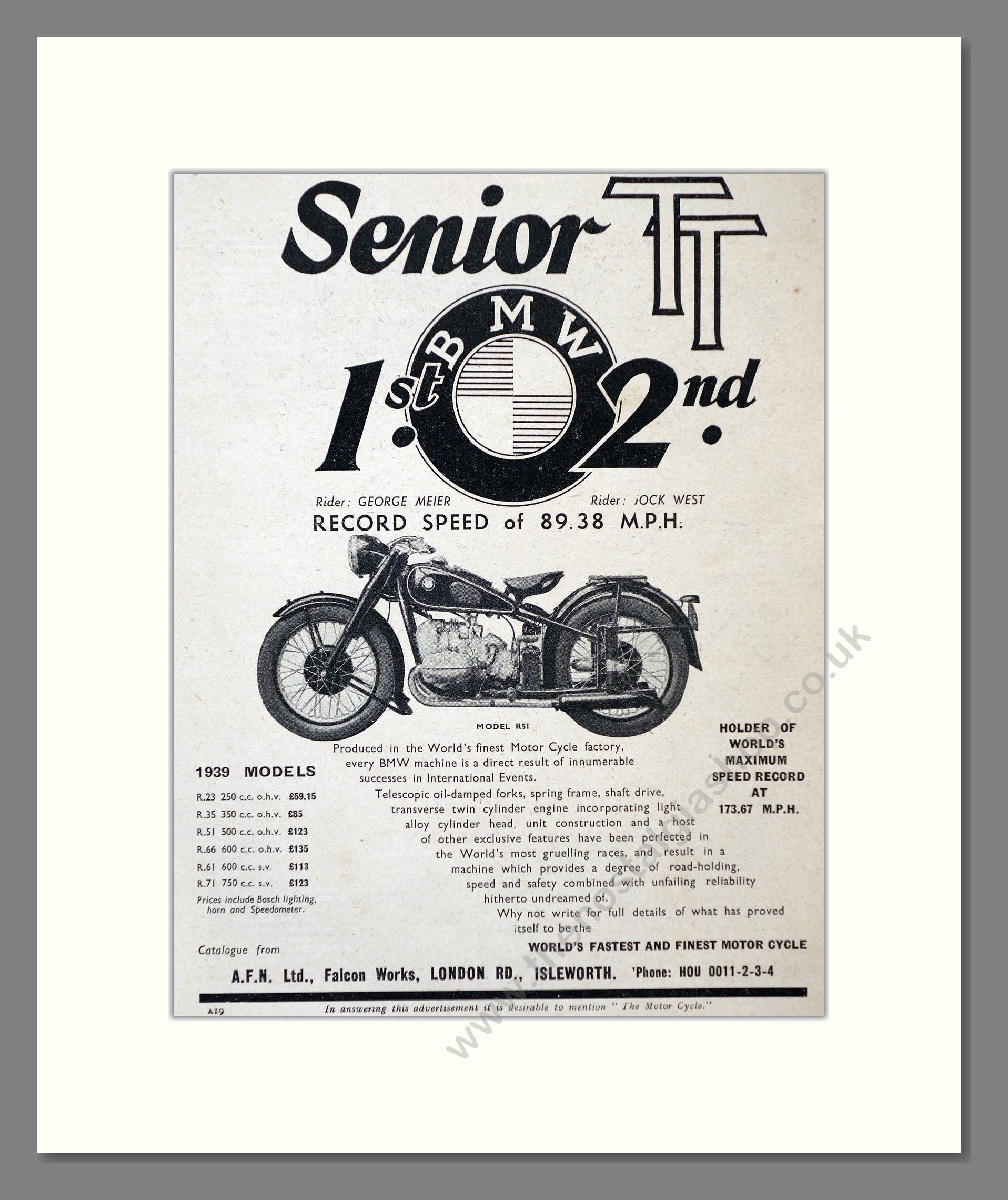 BMW - Senior TT Winner. Vintage Advert 1939 (ref AD67384)