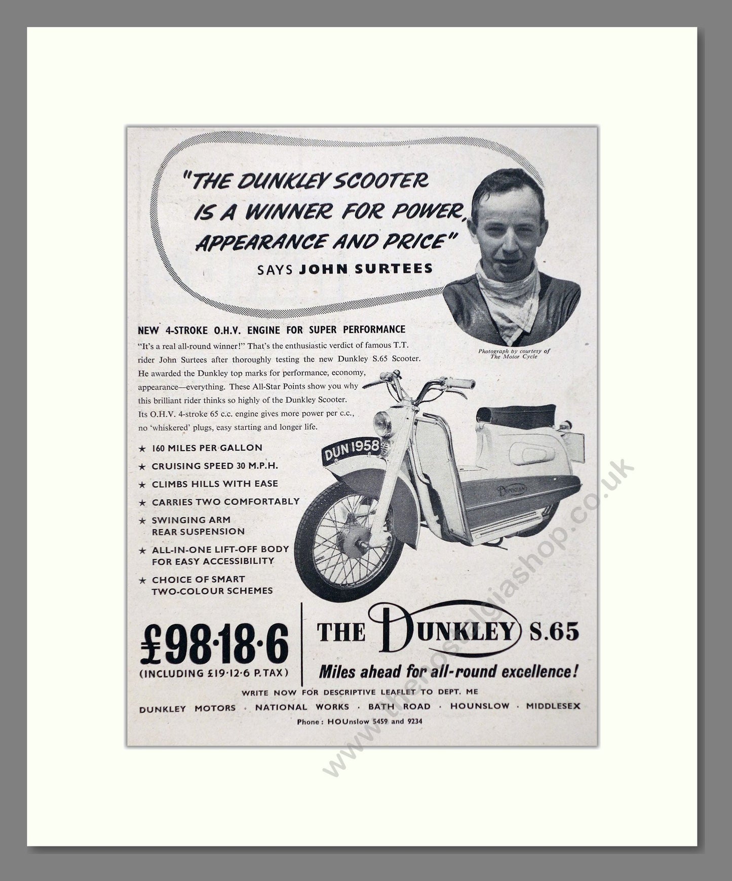 Dunkley - S65 John Surtees. Vintage Advert 1958 (ref AD67386)