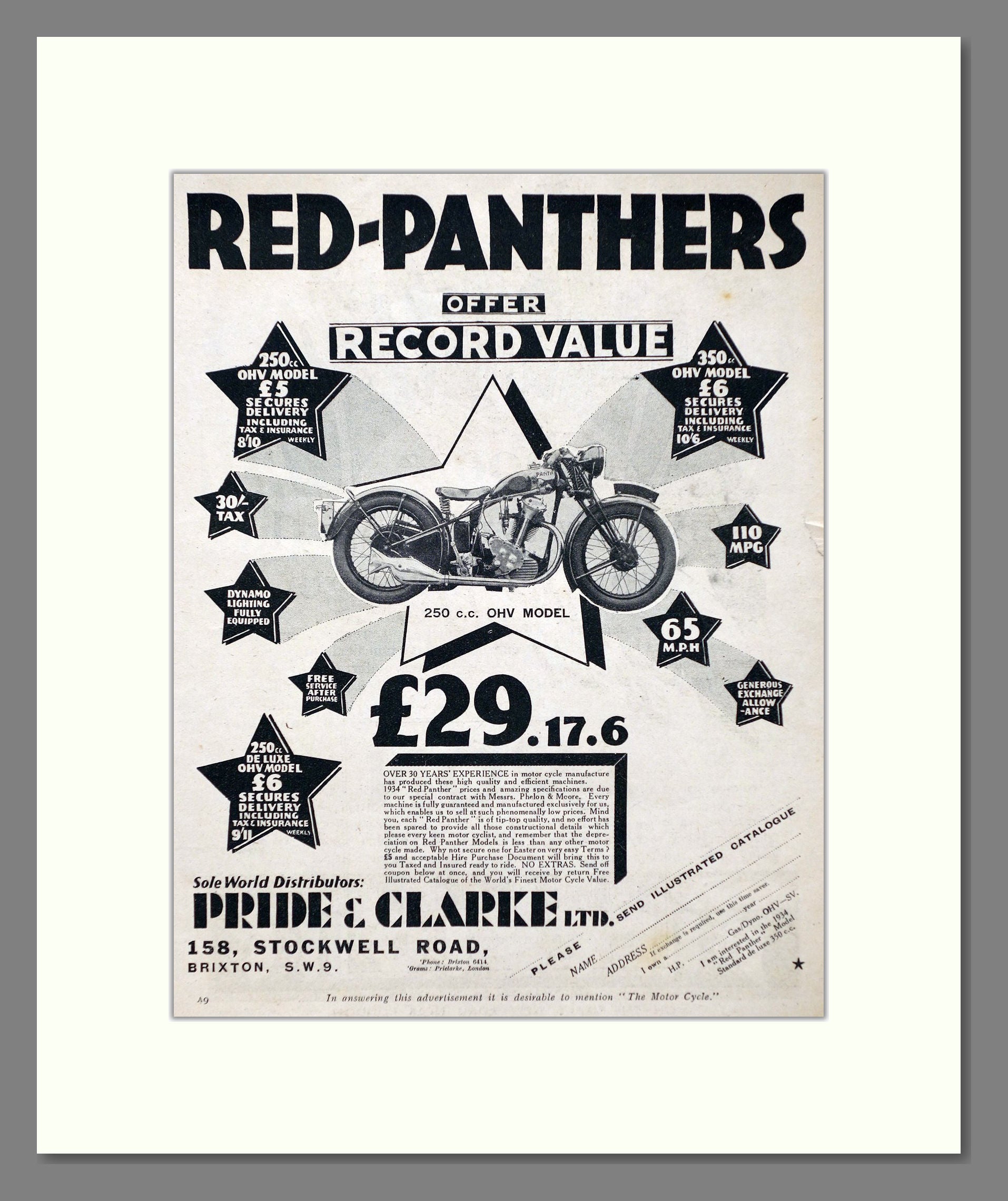Red Panther - 250cc OMV. Vintage Advert 1934 (ref AD67398)