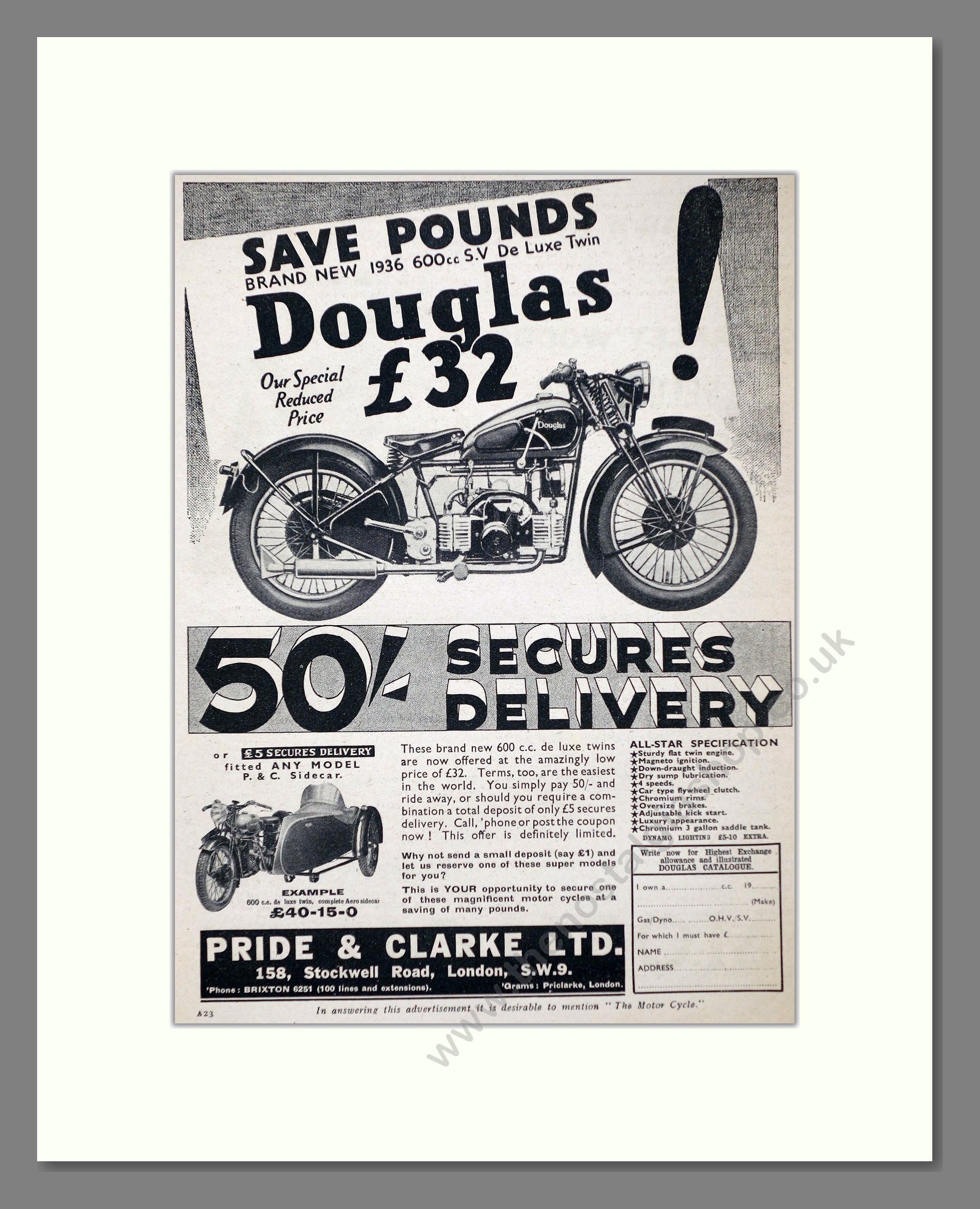 Douglas - 600cc De Luxe Twin. Vintage Advert 1937 (ref AD67404)